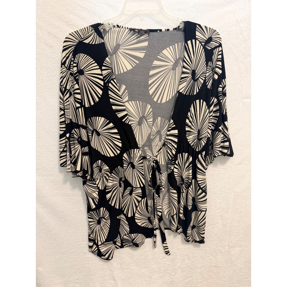 Lily Women 2X Black Cream Abstract Swirl Tie Front Kimono Cardigan 3307W94T15